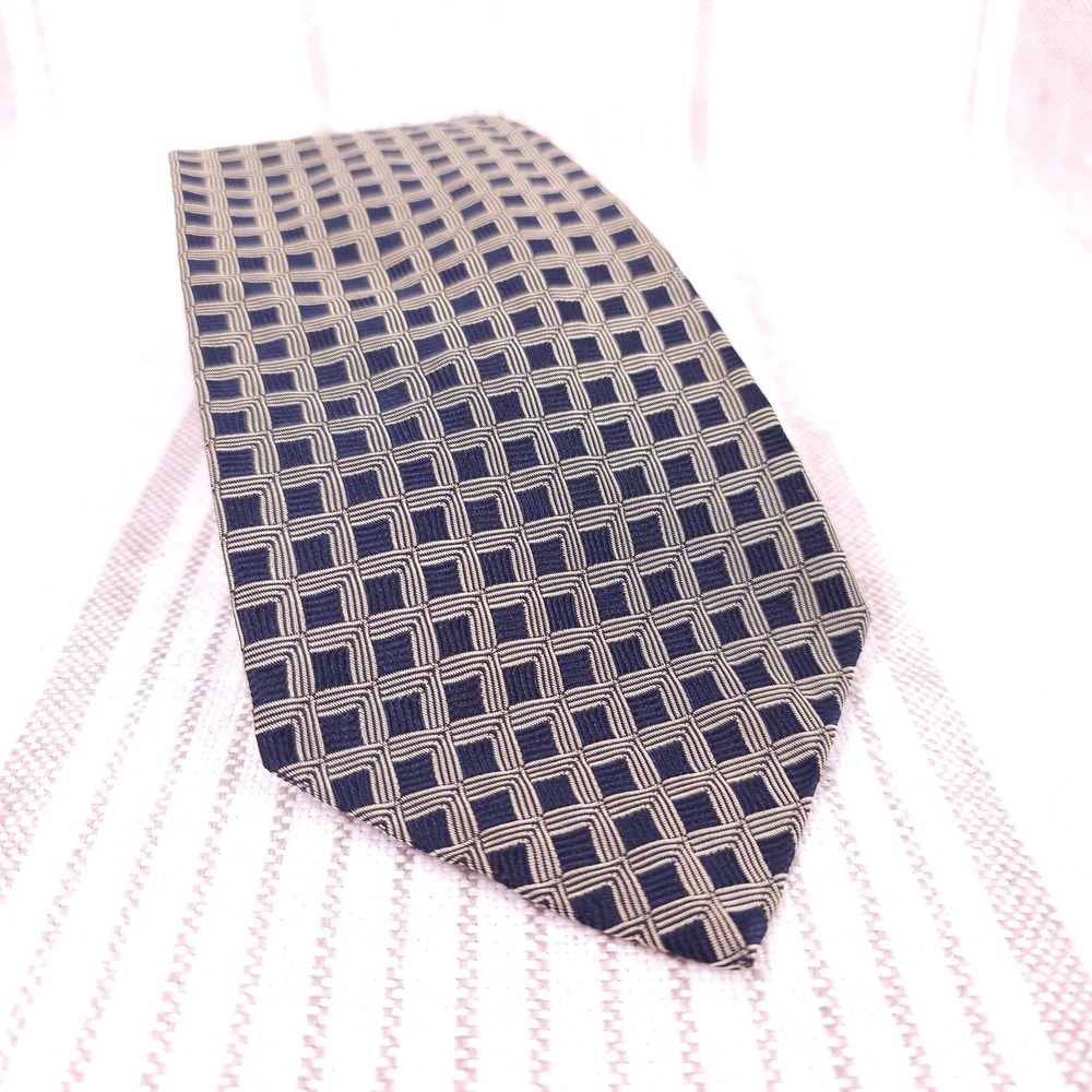 VTG PRL Polo Ralph Lauren Silk Tie Navy Tan Geometric Pattern Retro Office Vibes